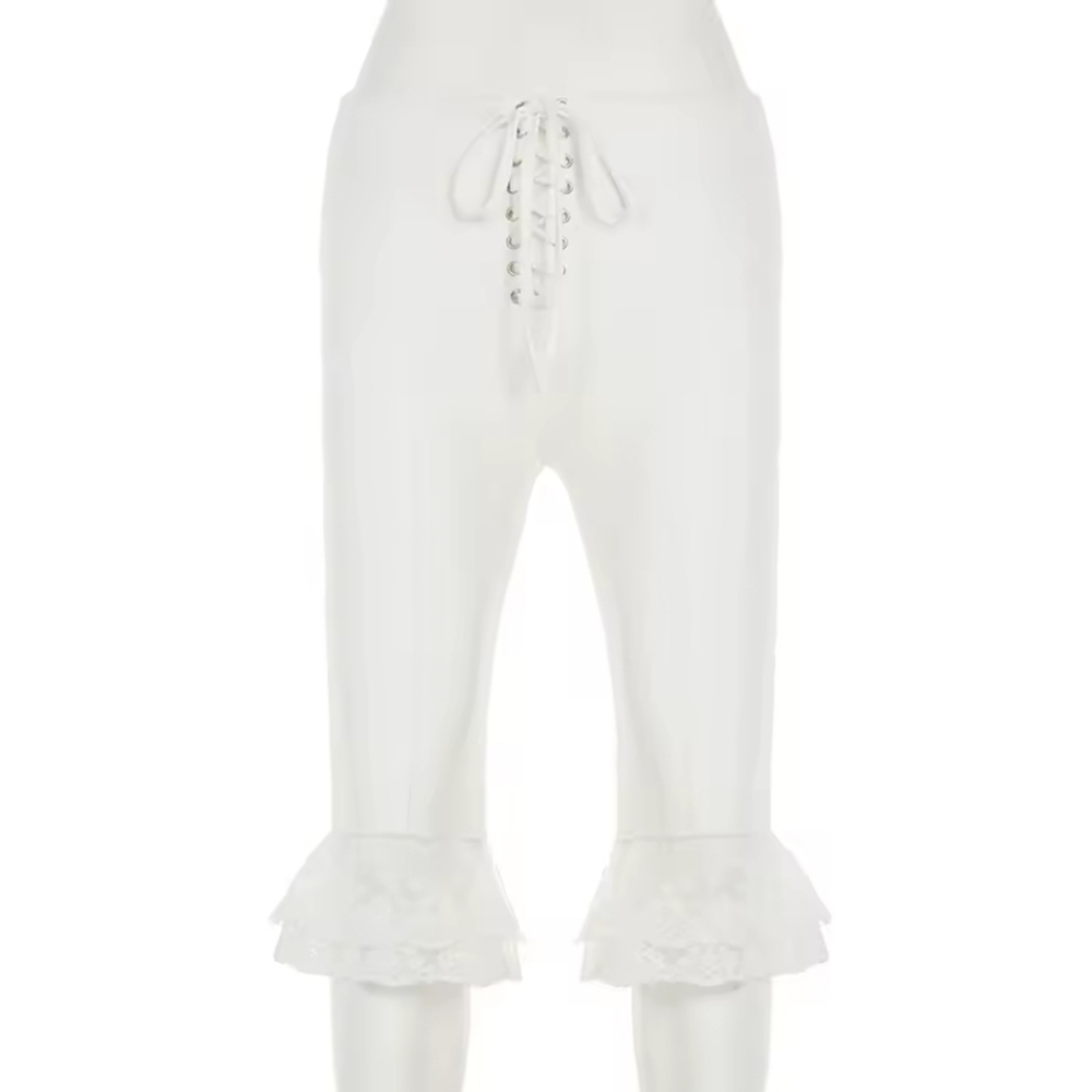 Holiday Solid Lace Trim Bandage Knee LengthPants Sweet Slim Mid-Waisted Pants - Picture 4 of 5